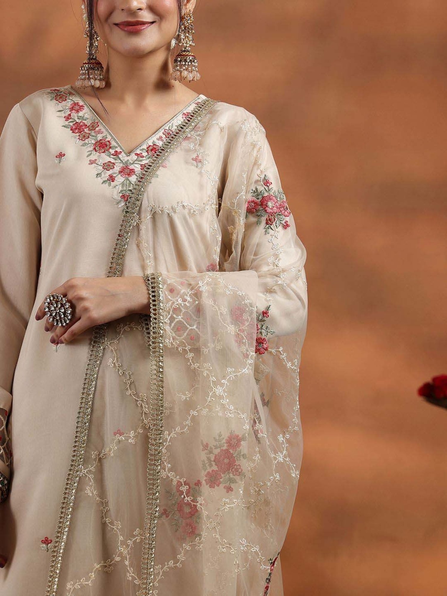 Libas Beige Embroidered Kurta Pant Set With Dupatta