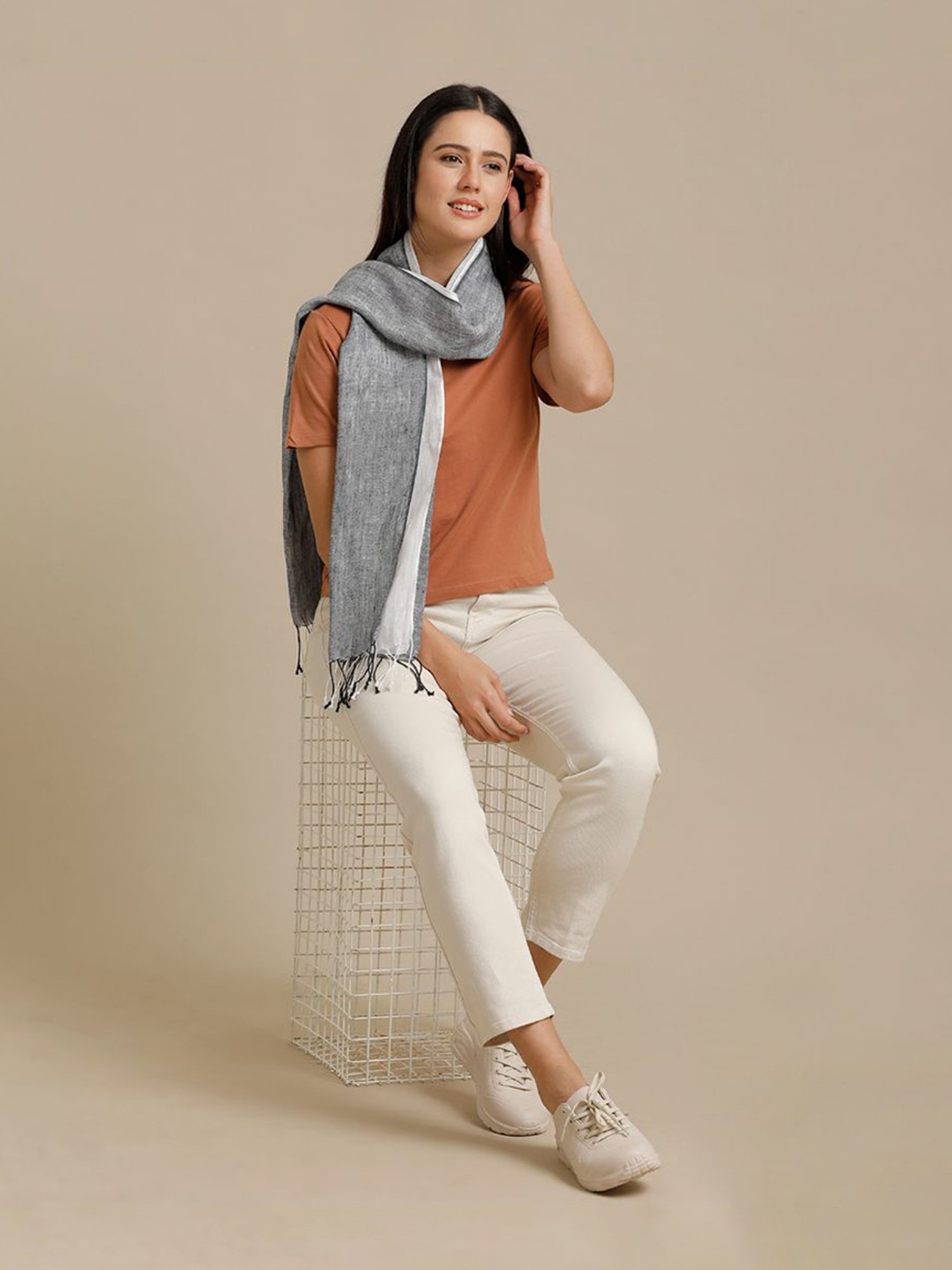 Linen Club Grey Striped Pure Linen Stole