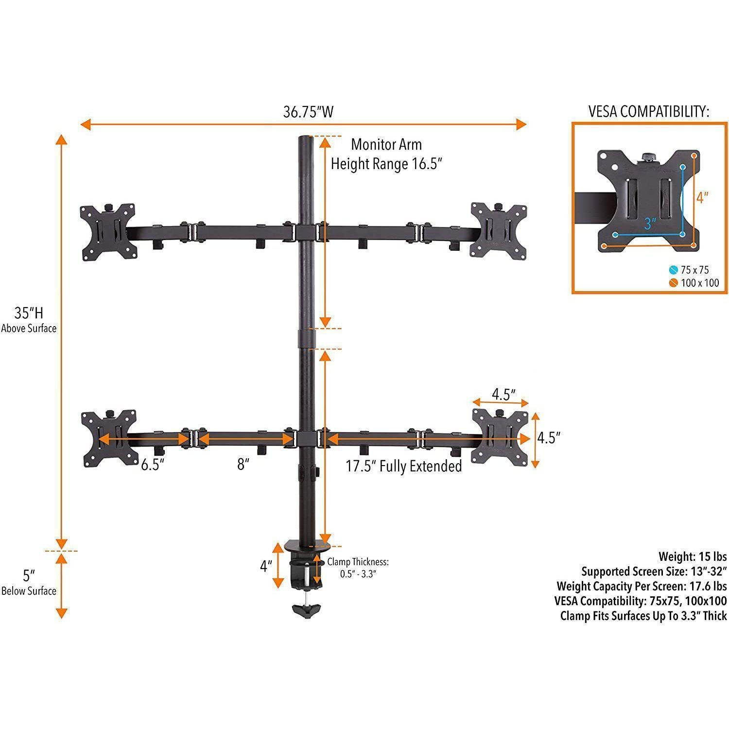 4 Monitor Mount Desk Stand | Height Adjustable Quad Monitor Stand with Full Articulation VESA Mounts | Fits Most LCD/LED Monitors 13-32 Inches (Four Monitor Clamp)