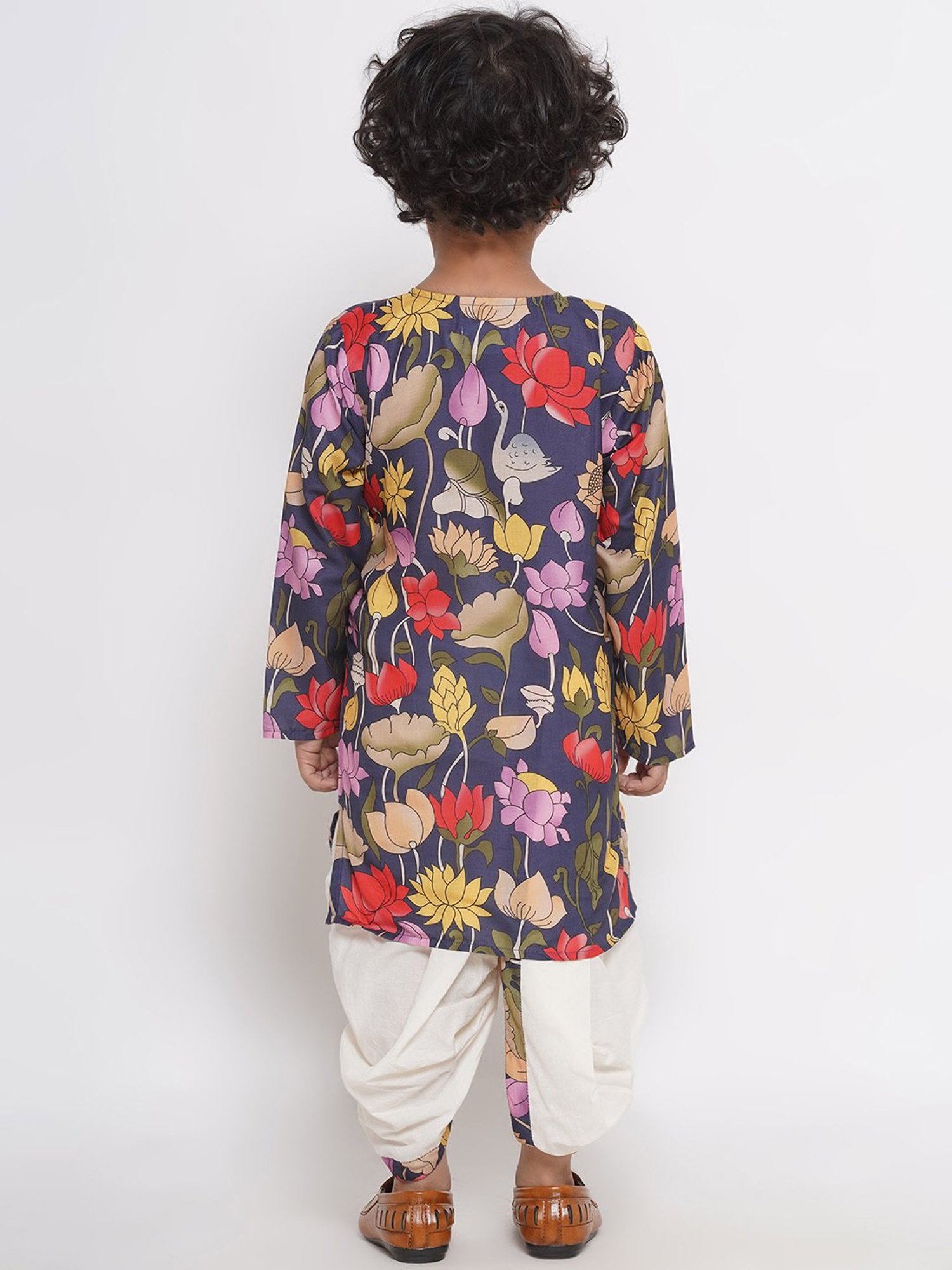 Little Bansi Kids Navy & White Floral Print Kurta with Dhoti