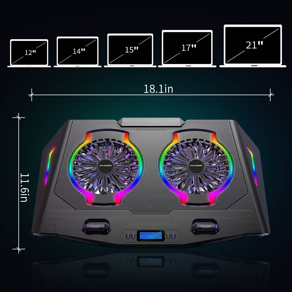 ICE COOREL RGB Laptop Cooling Pad Wing Cooler,Laptop Cooling Stand with Compatible 14-21"Laptop,2 Fans Strong Wind 5Stand Height Adjustable,LCD Screen ,Rainbow Lights,Two USB Ports and One Phone Stand
