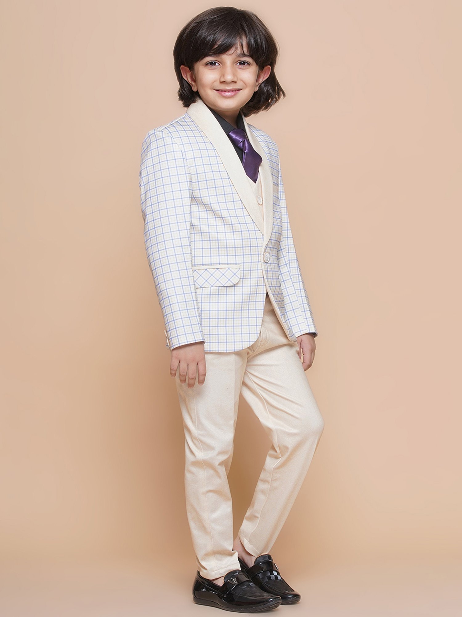 AJ Dezines Kids Blue & Cream Checks Full Sleeves Shirt, Pants, Coat, Waistcoat with Tie