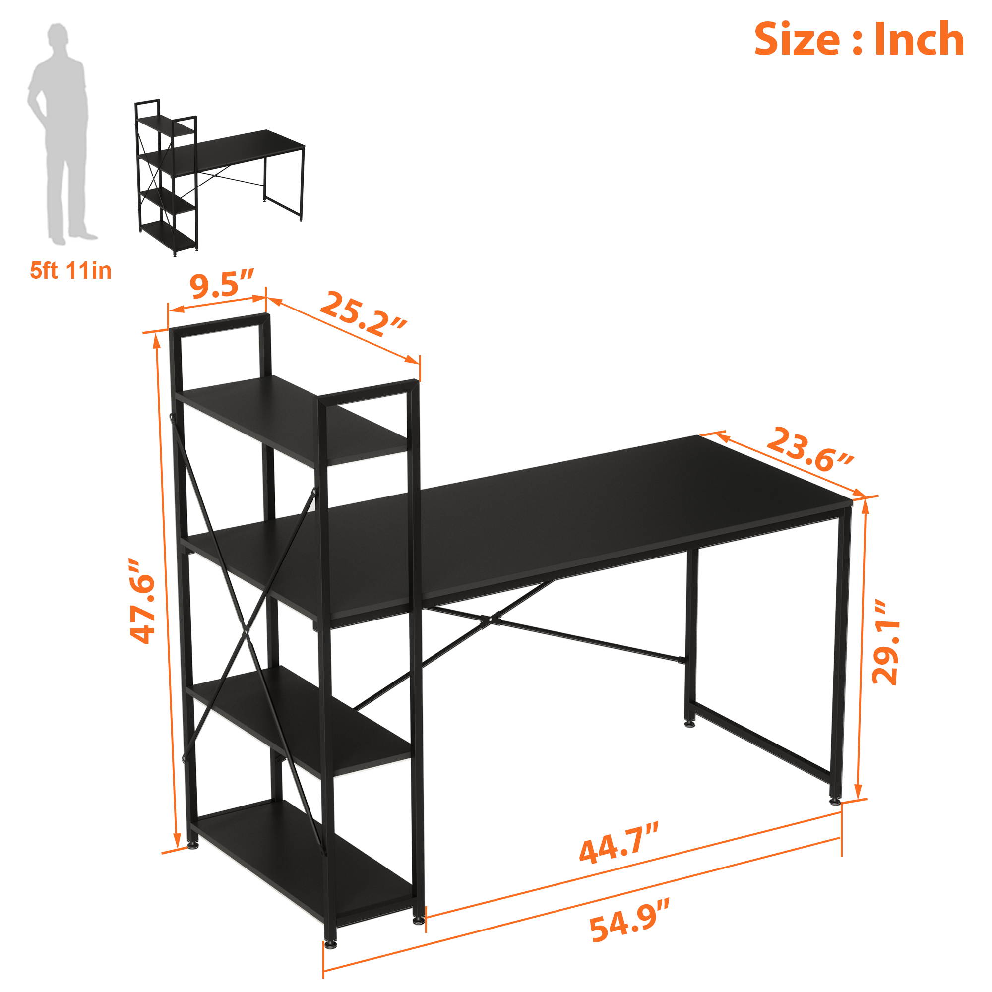 Bestier 63 Inch Computer Desk with Storage Shelves, Modern Bookshelf Desk with Headphone Hook Large Workstation Writing Desk with Reversible Bookshelves Home Office Work Table Study Desk Grey