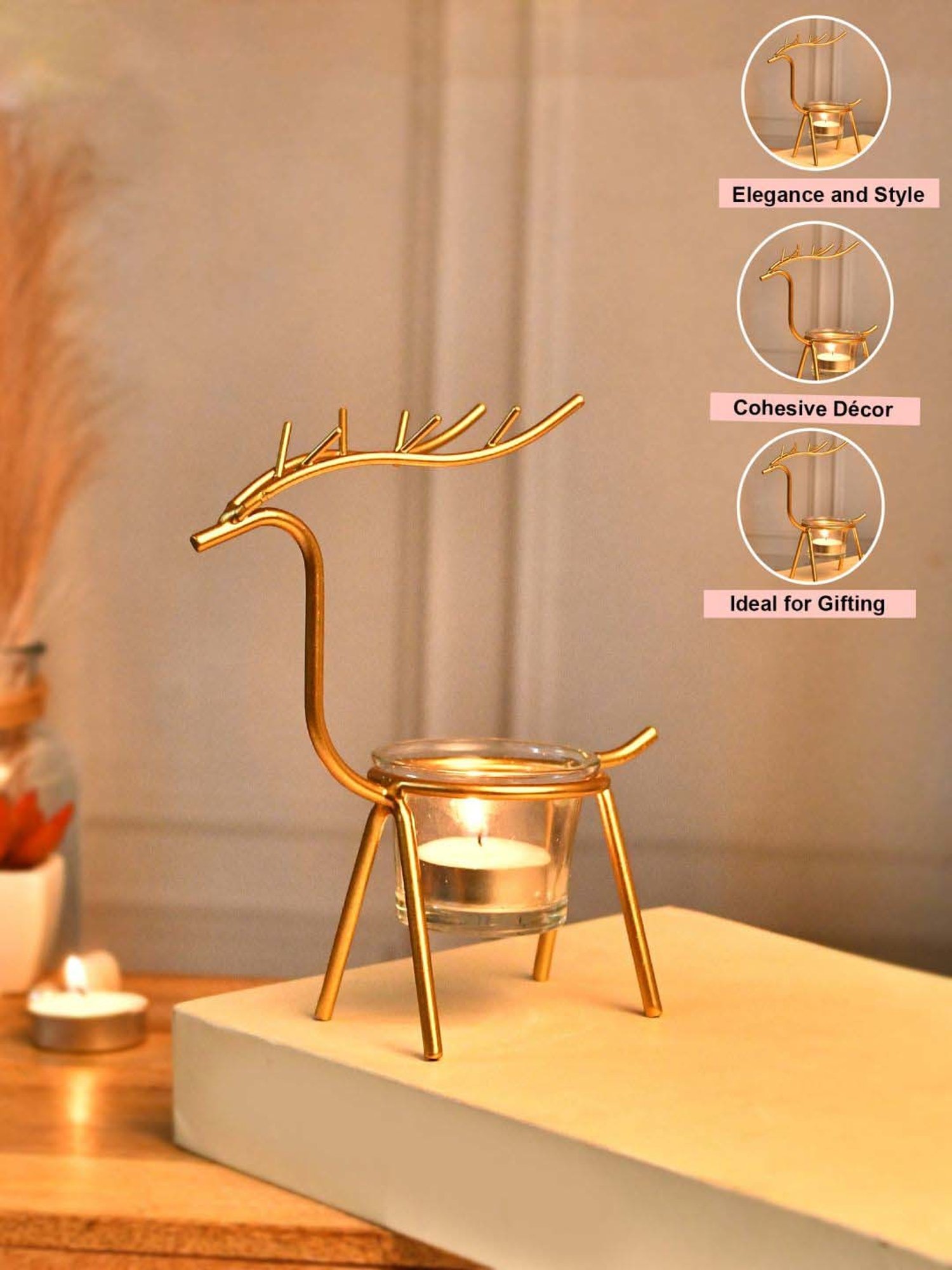 Tayhaa Golden & Transparent Metal Reindeer Tealight Candle Holder