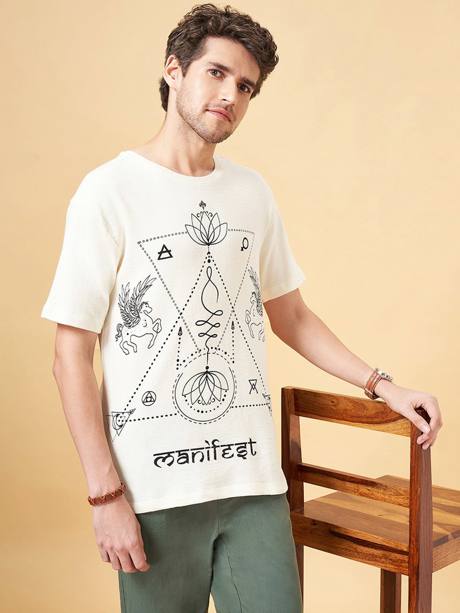 7 Alt by Pantaloons Off White Relaxed Fit Graphic Print T-Shirt