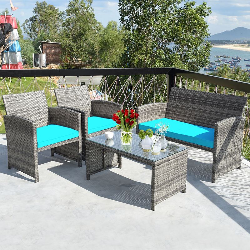 Costway 4PCS Patio Rattan Furniture Set Conversation Glass Table Top Cushioned Turquoise