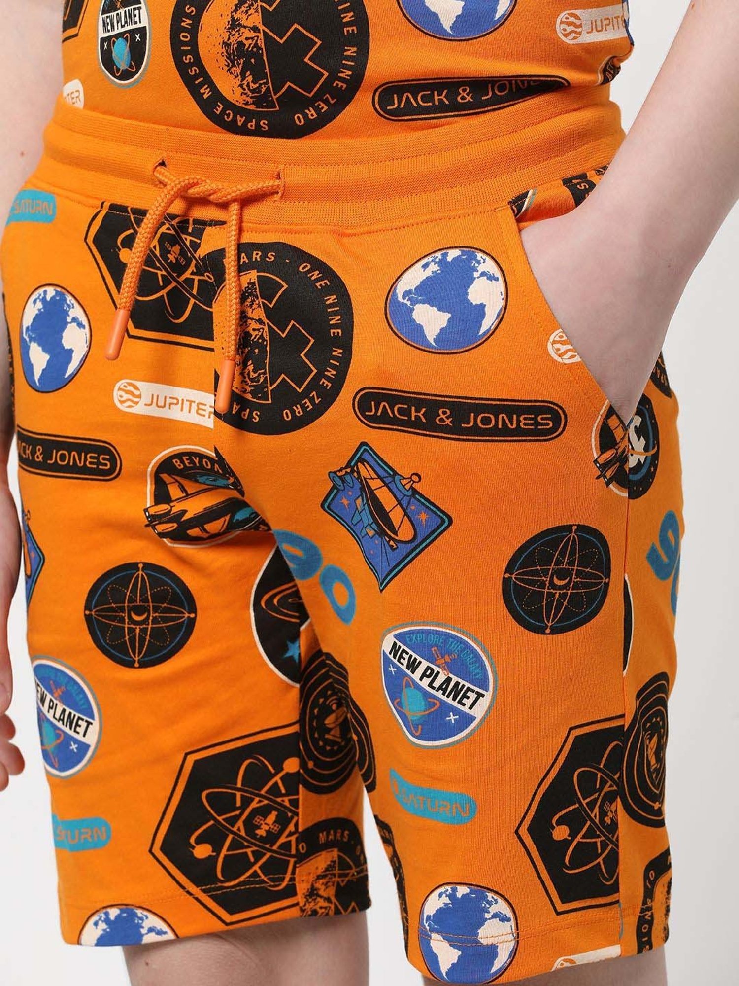 Jack & Jones Junior Orange & Blue Cotton Printed Shorts