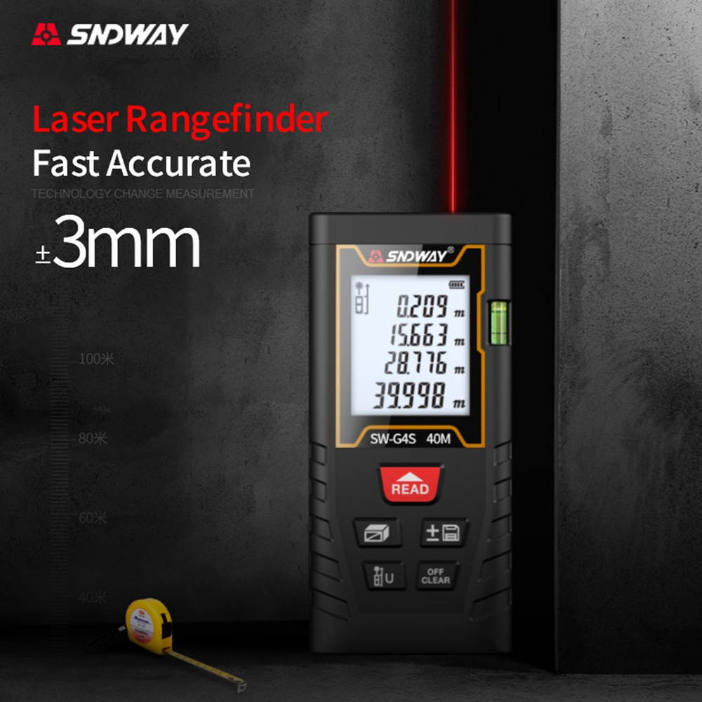 SNDWAY 40 Meters Laser Distance Meter Handheld Rangefinder Digital Mini Distance Measuring Meter Portable Electronic Space Measurement Device with Bubble Level for Length Area Volume