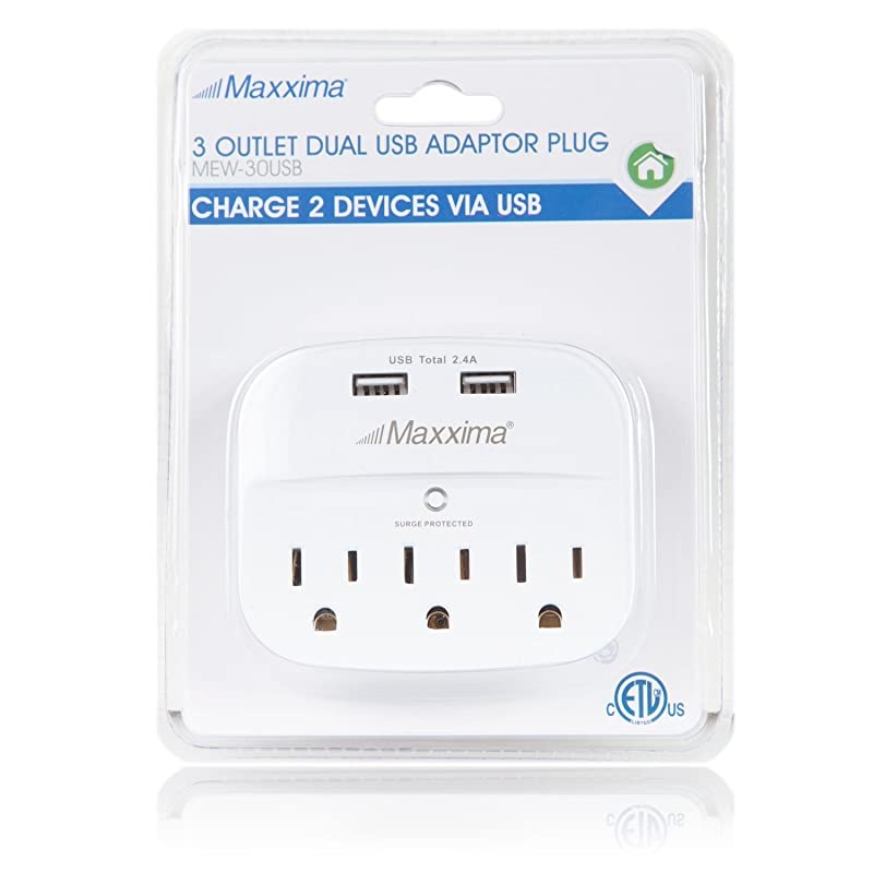 3 Outlet Dual USB Grounded Adaptor Plug 24A Port 490 Joules Surge Protector