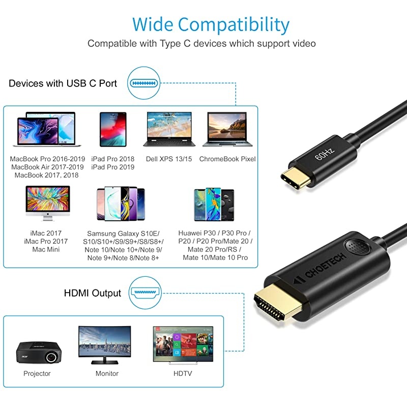 USB C to HDMI Cable (4K @60Hz), HDMI to Type C Cable 6FT (Thunderbolt 3 Compatible) with 2018 MacBook Pro/ Air/ iPad Pro, 2017 iMac, Dell XPS 13/15, Surface Book 2, Samsung Galaxy Note 9/S9
