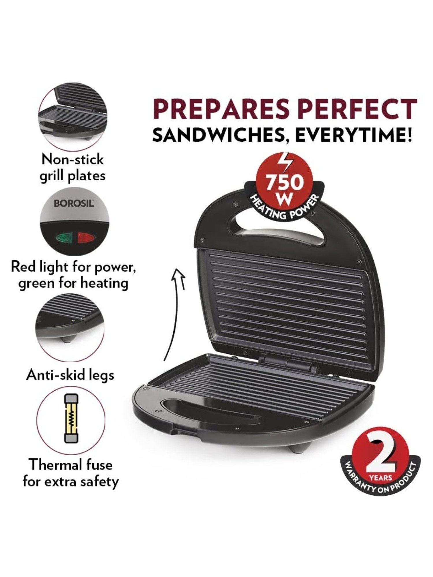 Borosil Sandwich Maker 700W Non Stick Coating (Black)