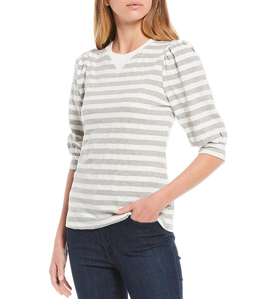 A Loves A Banded Puff Sleeve Knit Striped Tee