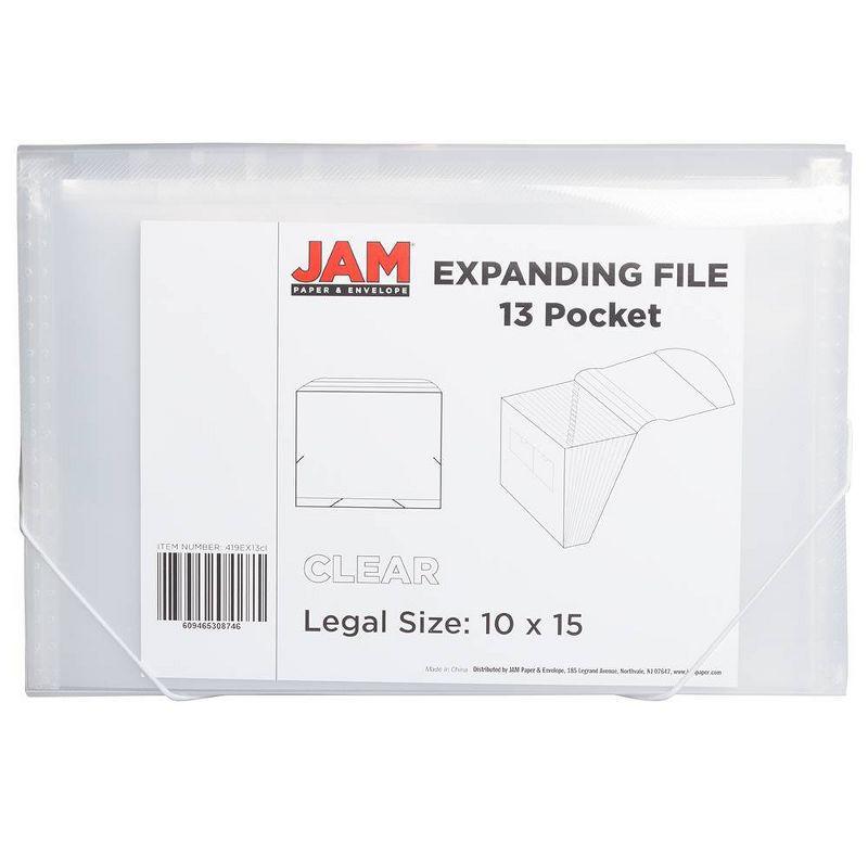 JAM Paper 10" x 15" 13 Pocket Plastic Expanding File Folder - Legal Size - Clear