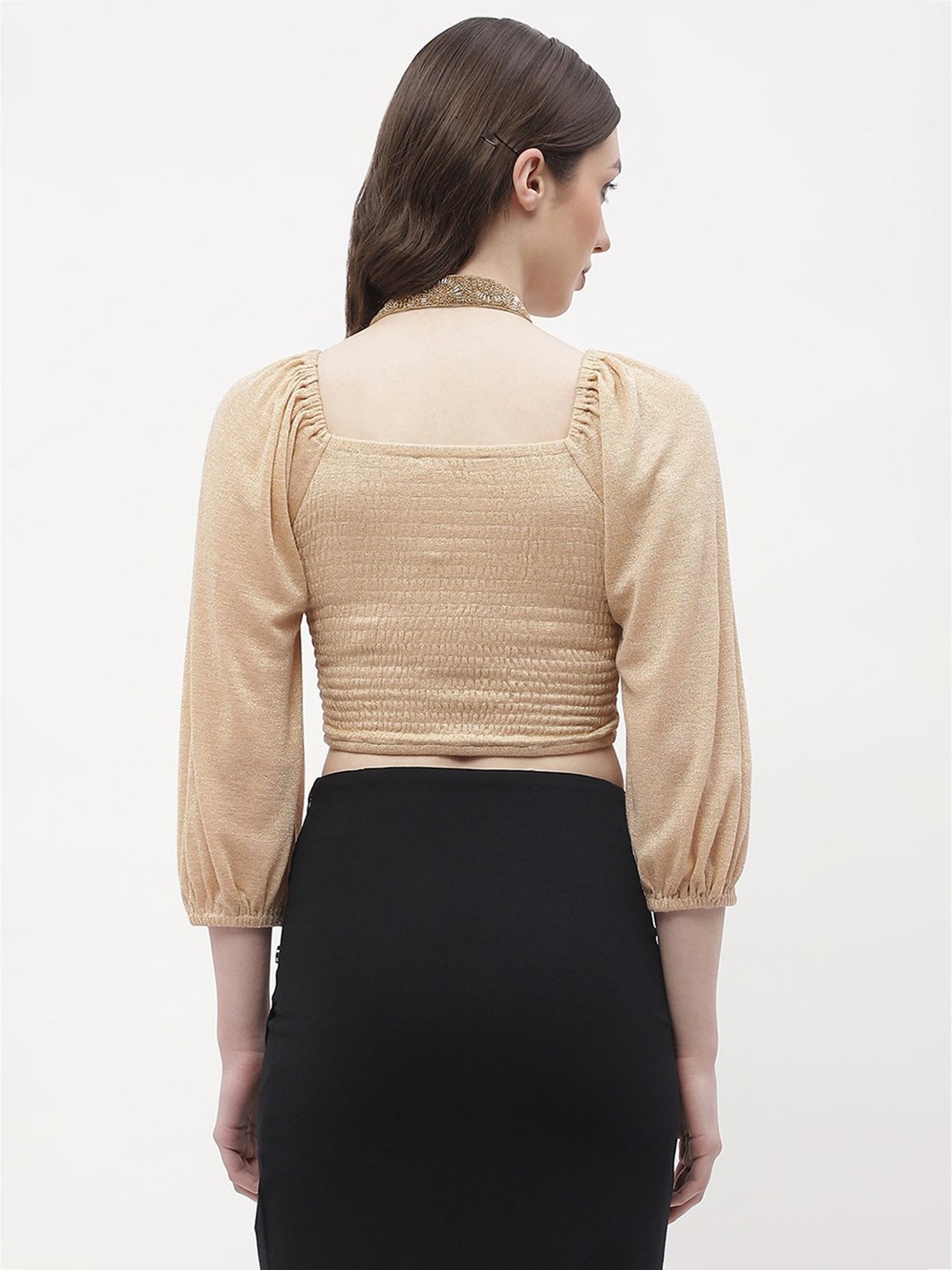 MADAME Beige Textured Crop Top