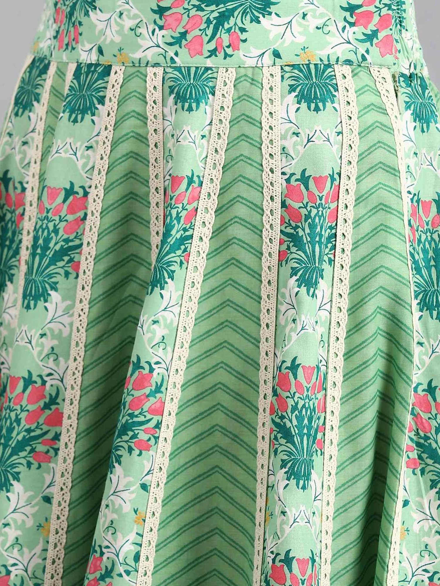 W Green Floral Print Lehenga Skirt