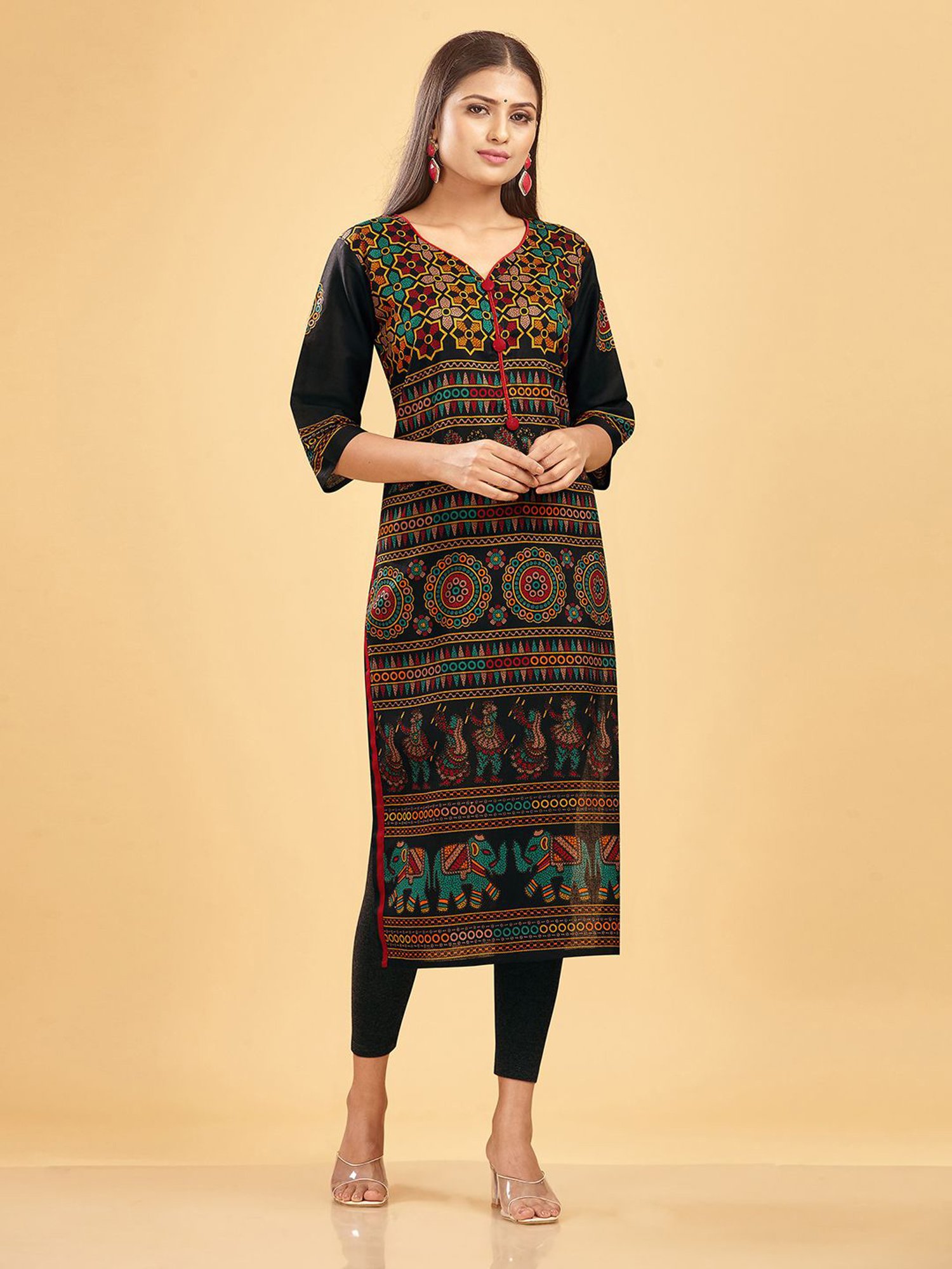 SHANVIKA Black Printed Cotton Straight Kurta