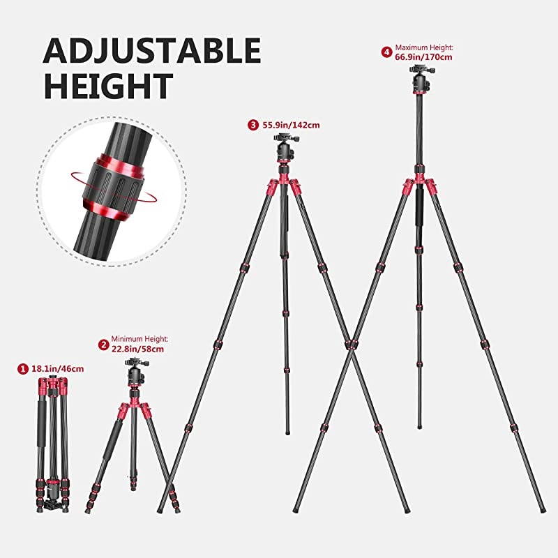 66 inches168 centimeters Carbon Fiber Camera Tripod Monopod with 360 Degree Ball Head 14 inch Quick Shoe Plate and Bag for DSLR Camera Video Camcorder Travel and WorkLoad up to 33lbs15kg