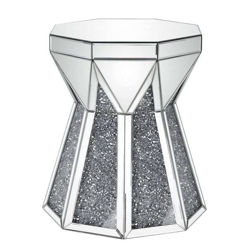 Multiple Faceted Mirrored End Table with Faux Diamonds Silver - Benzara