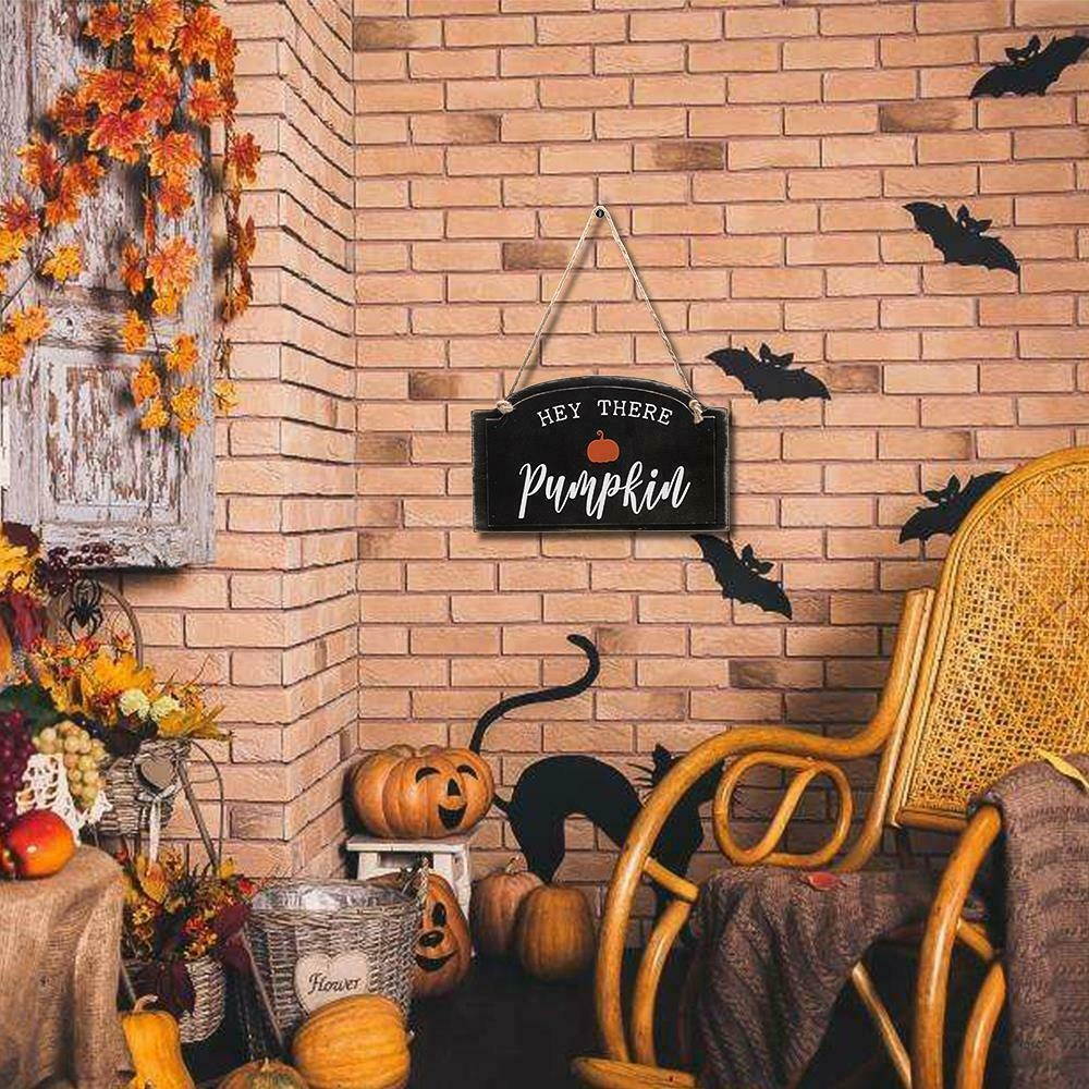 HEY THERE Pumpkin Autumn SIGN Wall Door Hanger Plaque Board for Halloween Decor