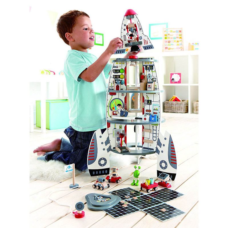 Hape Multi Level 4 Tier 37 Piece Wooden Discovery Spaceship Center Kids Activity Play Set with Accessories