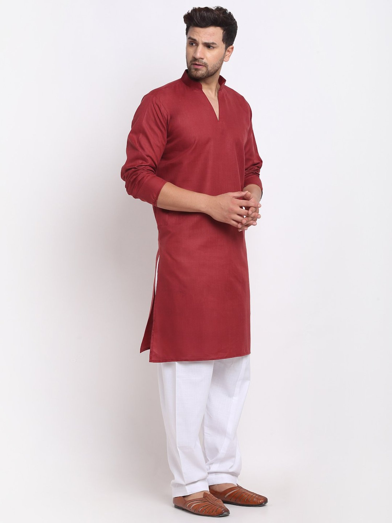 Benstoke Maroon & White Cotton Regular Fit Kurta Set