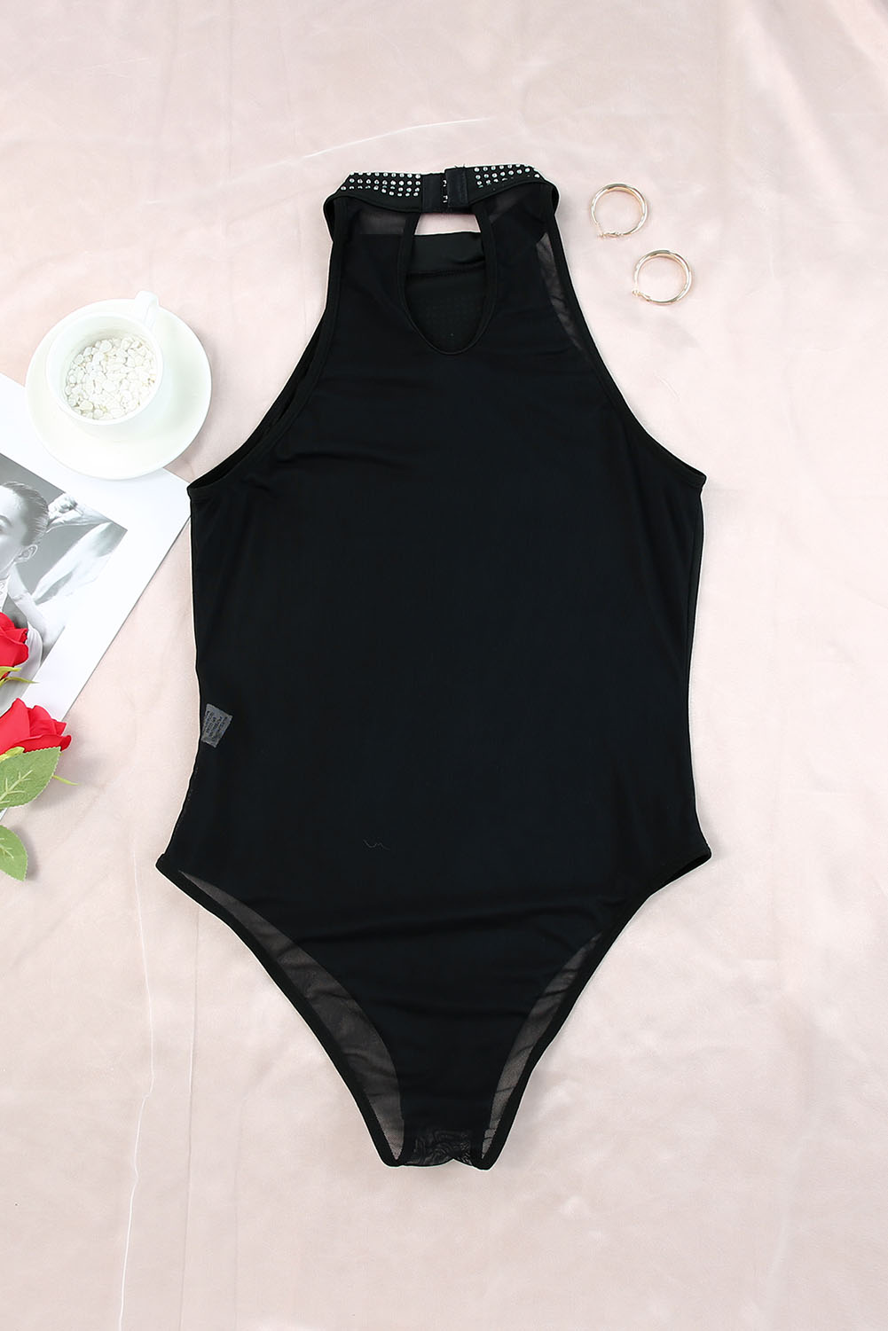 Black Ruffled Mesh Patchwork Slim Fit Bodysuit