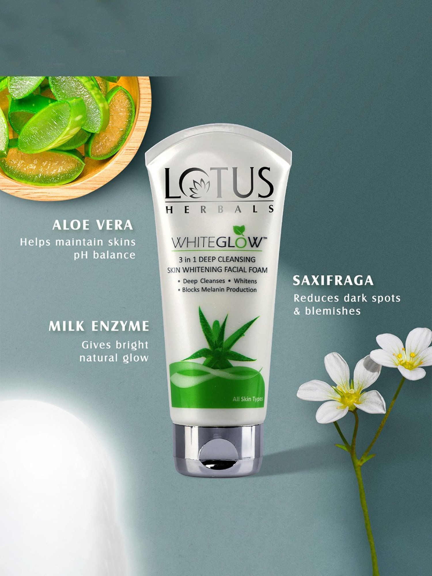Lotus Herbals Whiteglow 3 In 1 Deep Cleaning Skin Whitening Facial Foam - 100 gm