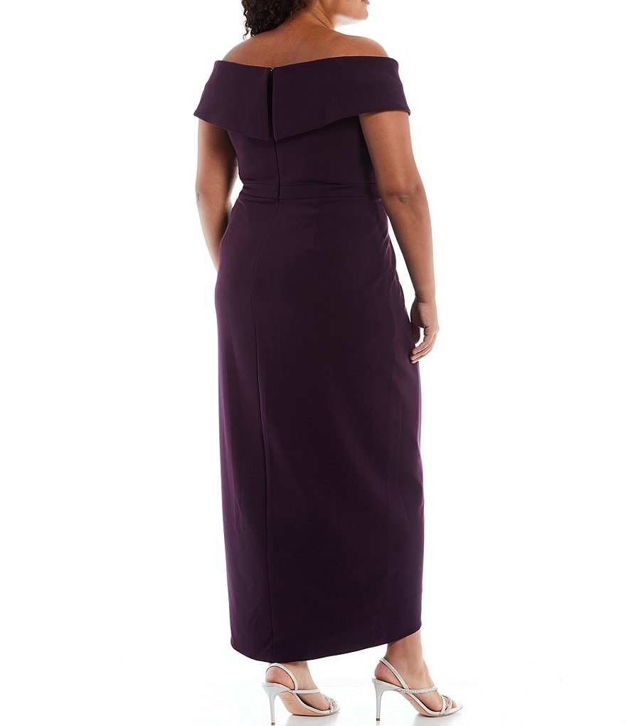 Xscape Plus Size Off-the-Shoulder V-Neck Short Sleeve Tulip Skirt Sheath Gown