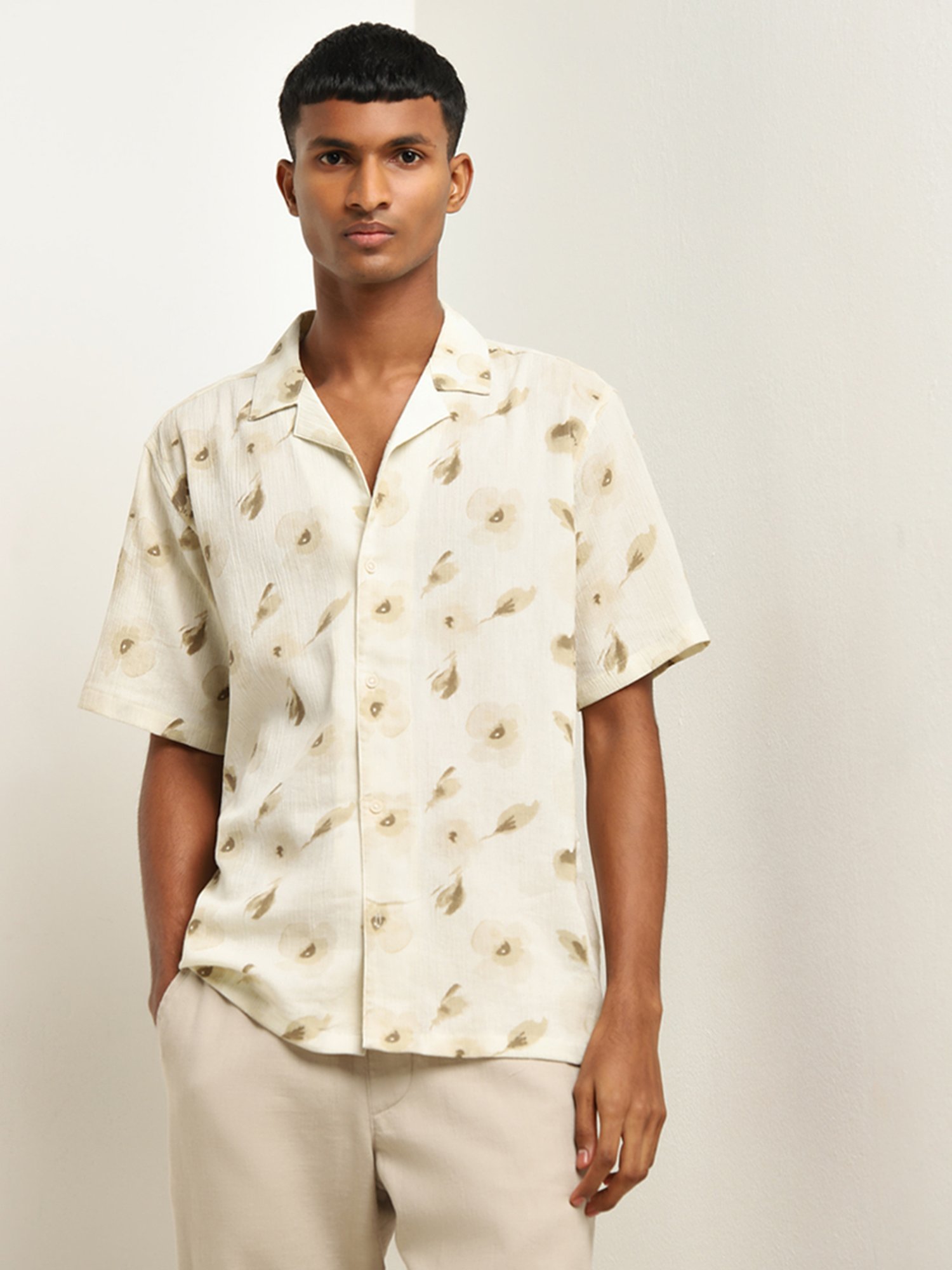 ETA by Westside Beige Floral Printed Relaxed-Fit Cotton Shirt