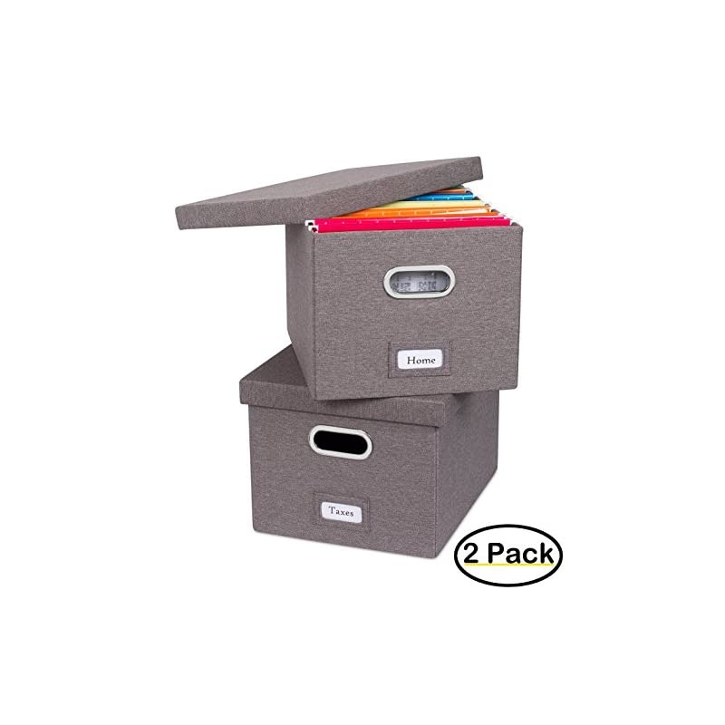 Collapsible File Storage Organizer with Lid - Decorative Linen Filing & Storage Office Box &ndash; Hanging Letter/Legal Folder &ndash; Home Office Bins Cabinet &ndash; Grey Container - 2 Pack