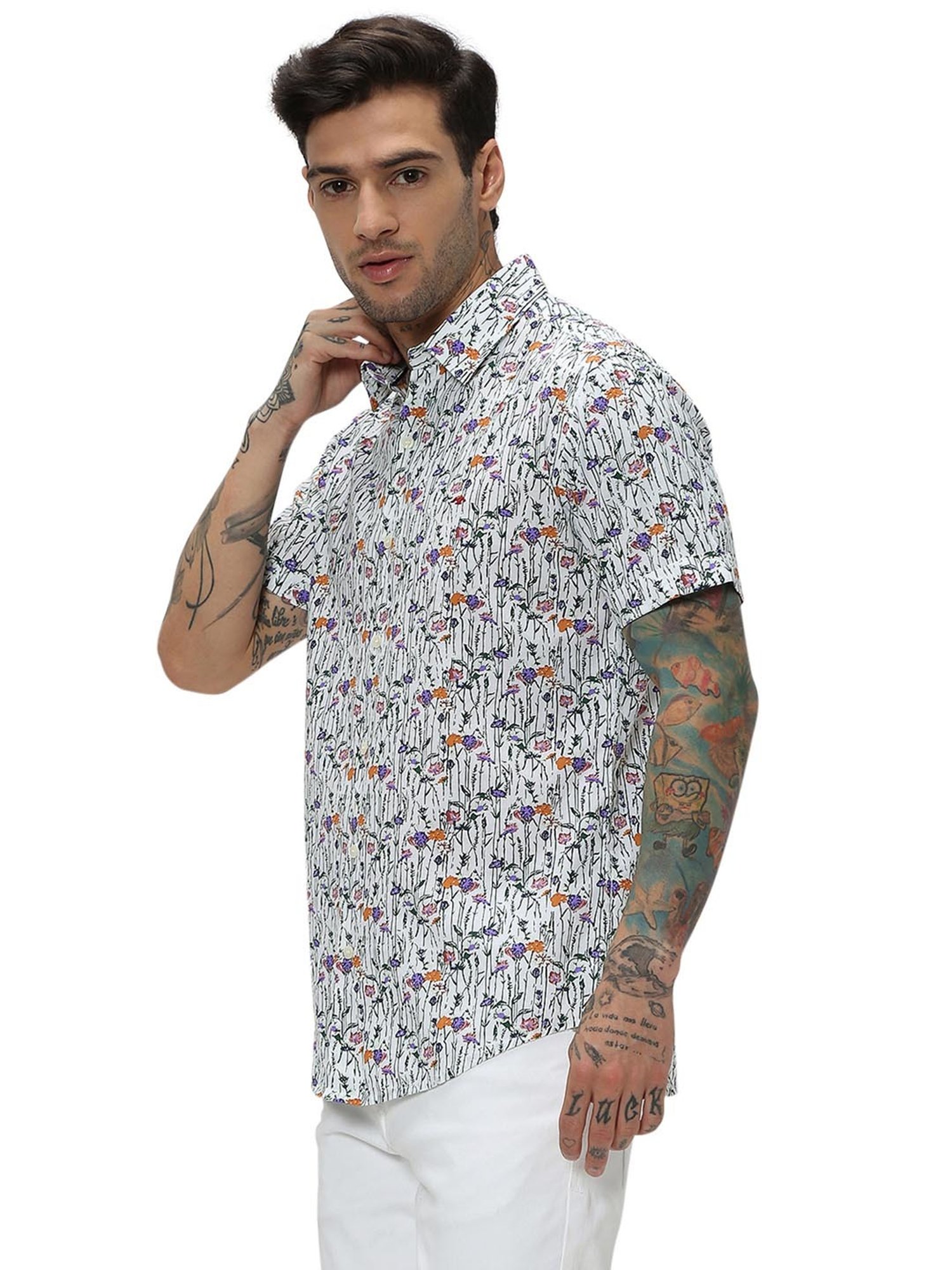 Mufti White Slim Fit Floral Print Shirt