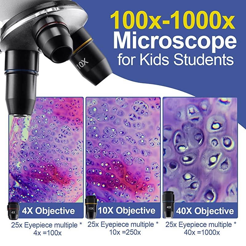 for Kids and Students 1000X School Science Kit with 10pcs Prepared Slides + 5pcs Blank Slides Smartphone Adapter Carrying Bag for School Teaching Family Education