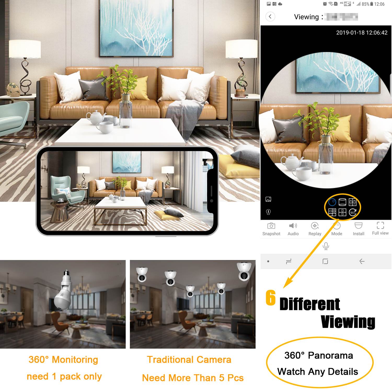 AUTENS Light Bulb Camera, 5MP HD 2.4GHz WiFi Wireles IP Cam 360 Panoramic Home Surveillance System Pet Baby Monitor E27 Bulb Fisheye Camera Motion Detection Alarm Night Vision for Android iOS