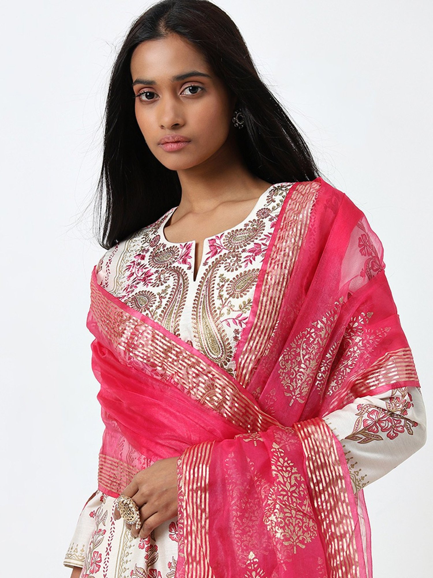 Vark by Westside Pink Embroidered Straight Kurta, Pants and Dupatta Set