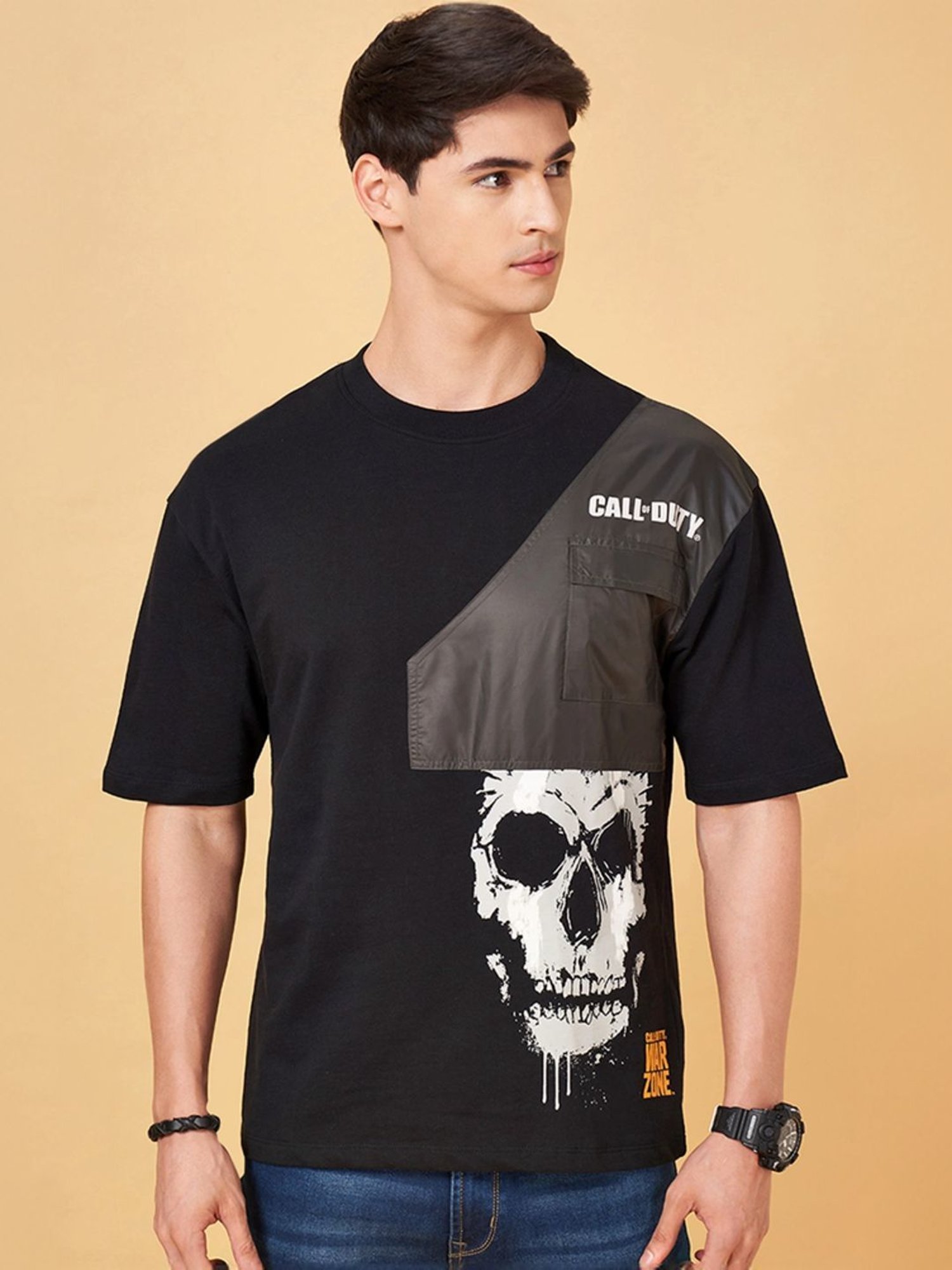 Sf Jeans By Pantaloons Jet Black Comfort Fit Printed T-Shirt