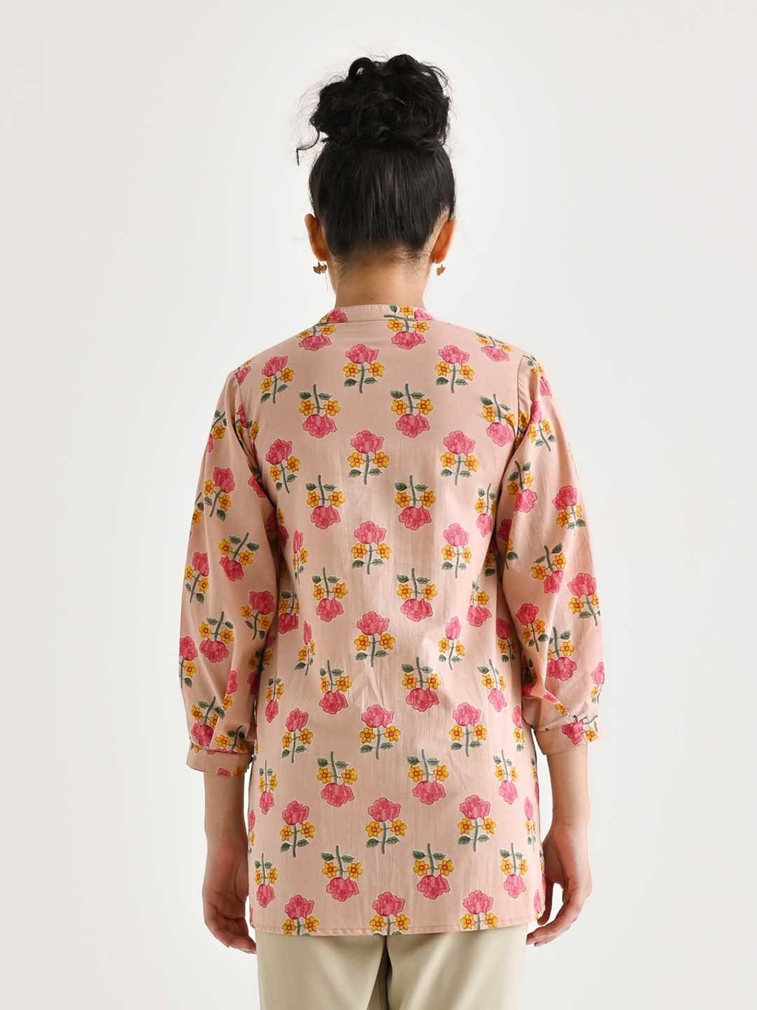 Rustorange Baby Pink Cotton Floral Print A Line Short Kurti