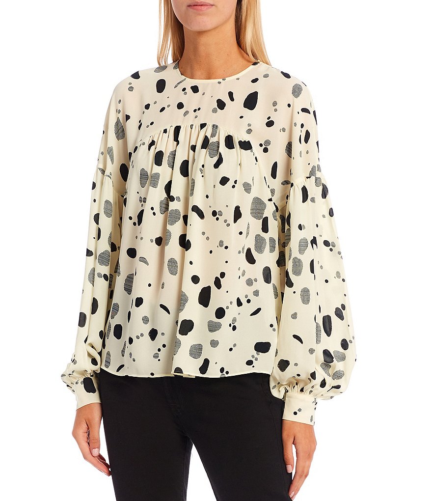 Ted Baker London Dannica Printed Long Sleeve Crew Neck Gathered Yoke Top