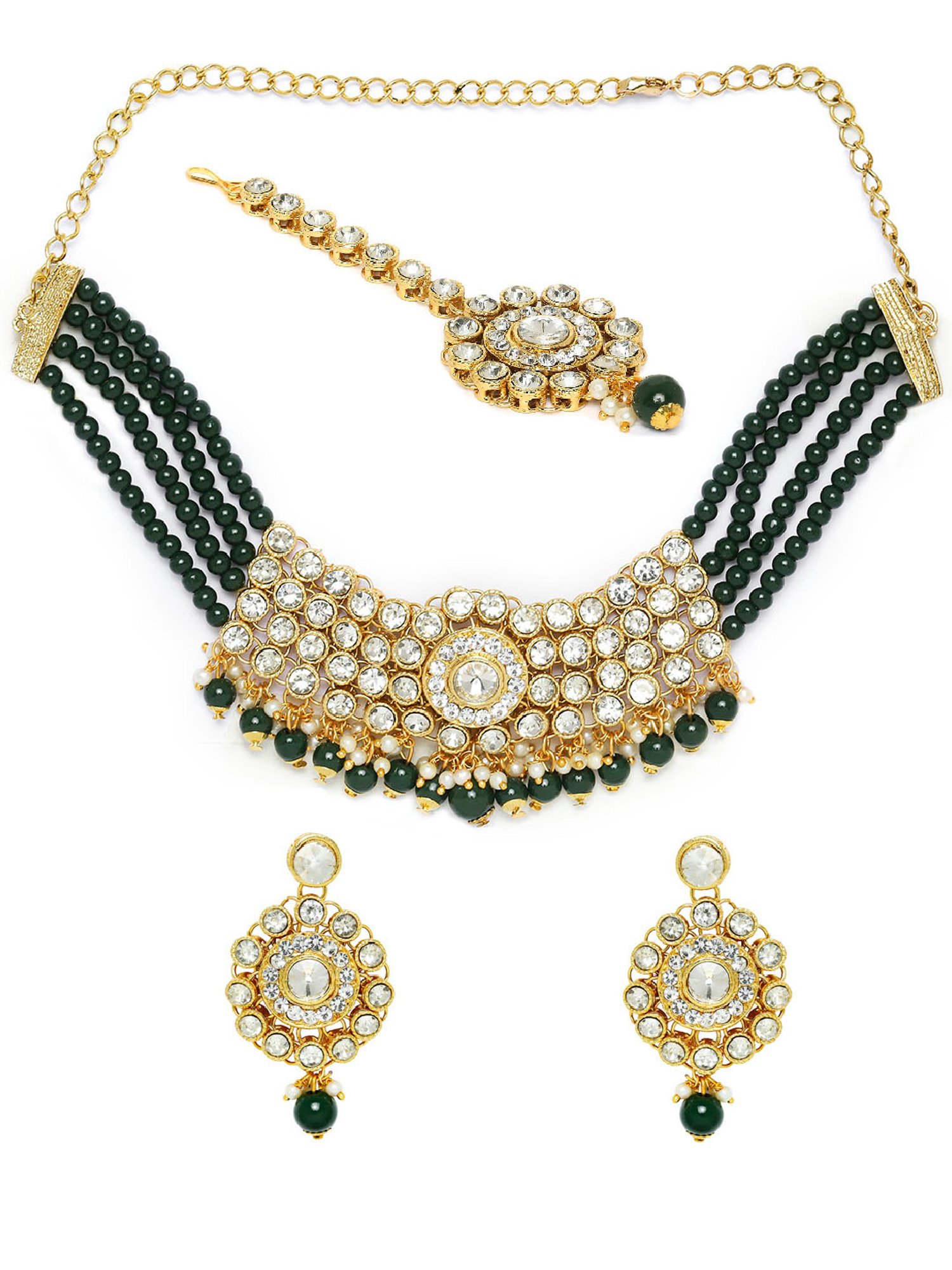 OOMPH Green Beads & Kundan Multi Layer Choker Necklace Set with Drop Earrings & Maangtikka