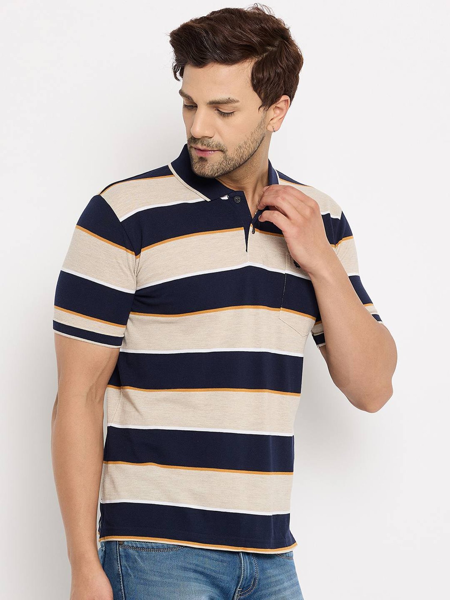 Duke Beige Regular Fit Striped Polo T-Shirt