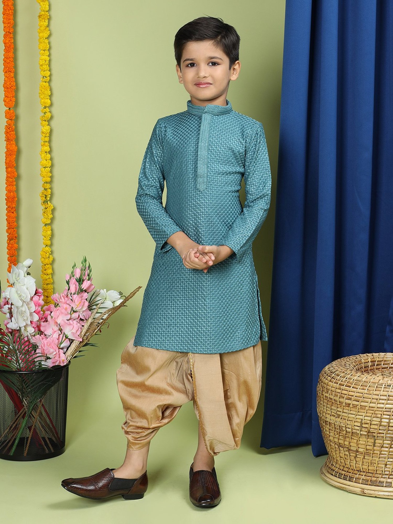 TABARD Cotton Full Sleeve Regular Fit Chikankari Embroidery Green Kurta Set For Kids