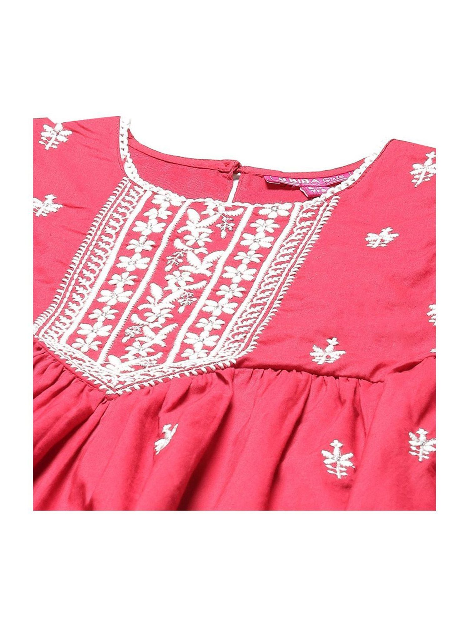 Biba Girls Red & White Cotton Embroidered Kurta Set