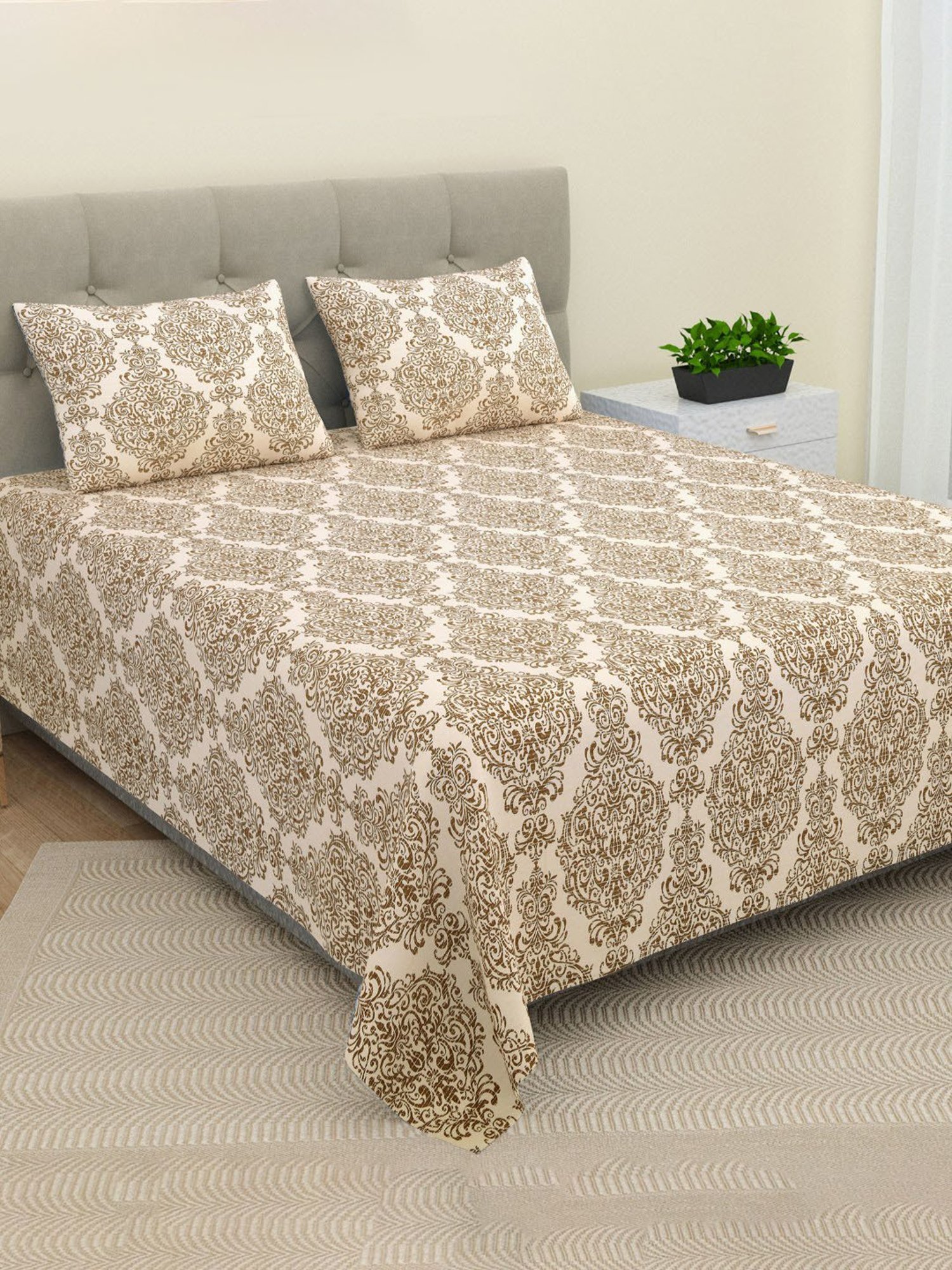 BELLA CASA Printed Purple 220 TC Cotton King Bedsheet with 2 Pillow Covers