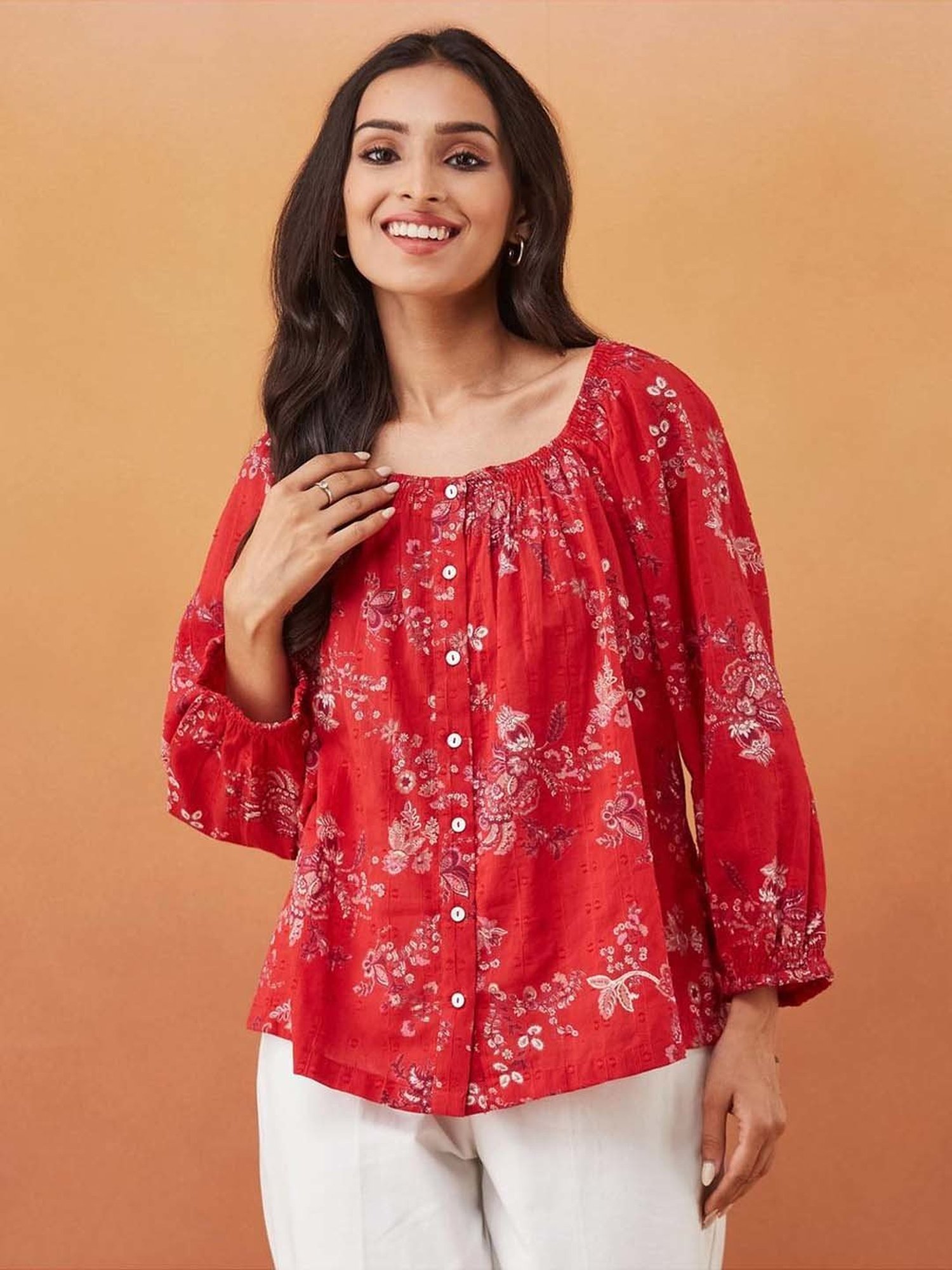 Fabindia Red Cotton Floral Print Top