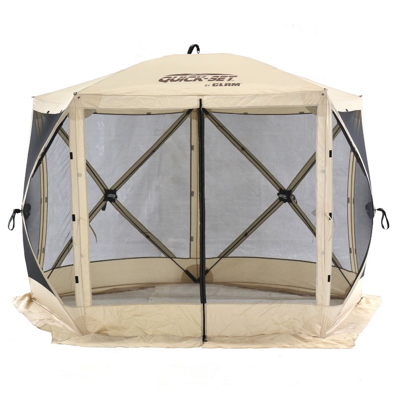 CLAM Quick-Set Venture 9 x 9 Foot Portable Pop Up Outdoor Camping Gazebo Screen Tent 5 Sided Canopy Shelter with Ground Stakes and Carry Bag, Tan