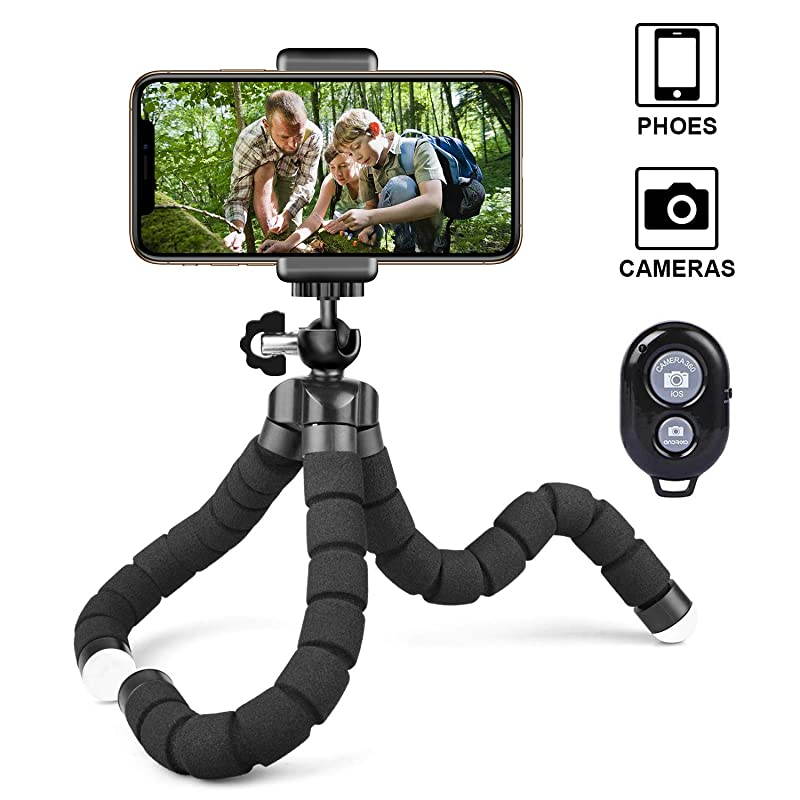 Flexible Phone Tripod with Wireless Selfie Remote Shutter Portable and Adjustable Phone Tripod Stand with Universial Phone Clip Mini Tripod Stand Holder Compatible with iPhoneAndroid Samsung