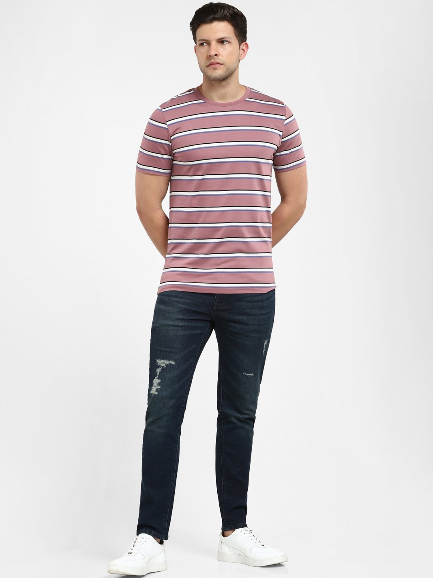 SELECTED HOMME Mauve Slim Fit Striped Crew T-Shirt