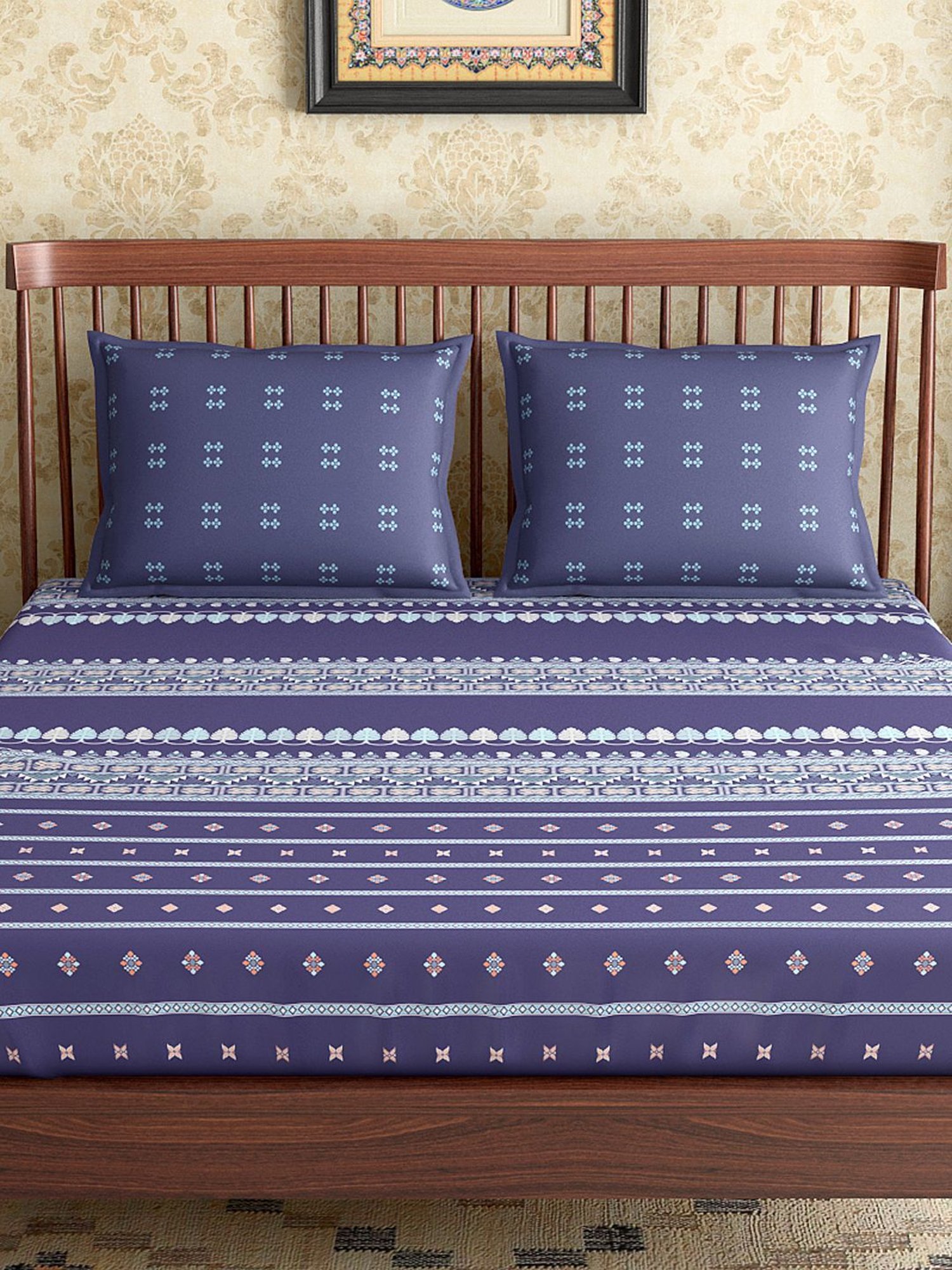 Petal Home Hooghly Motif Navy Blue 300 TC Cotton Queen Size Bed Sheet with 2 Pillow Covers