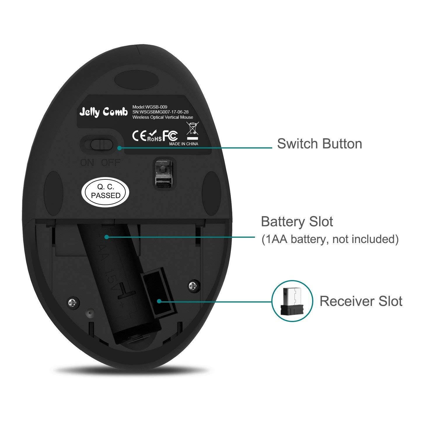 Wireless Vertical Mouse, Jelly Comb MV009 Small Wireless Mouse 2.4G High Precision Ergonomic Optical Mice with Adjustable Sensitivity 800/1200 /1600 DPI, 6 Buttons, ? for Small Hands ? - Black