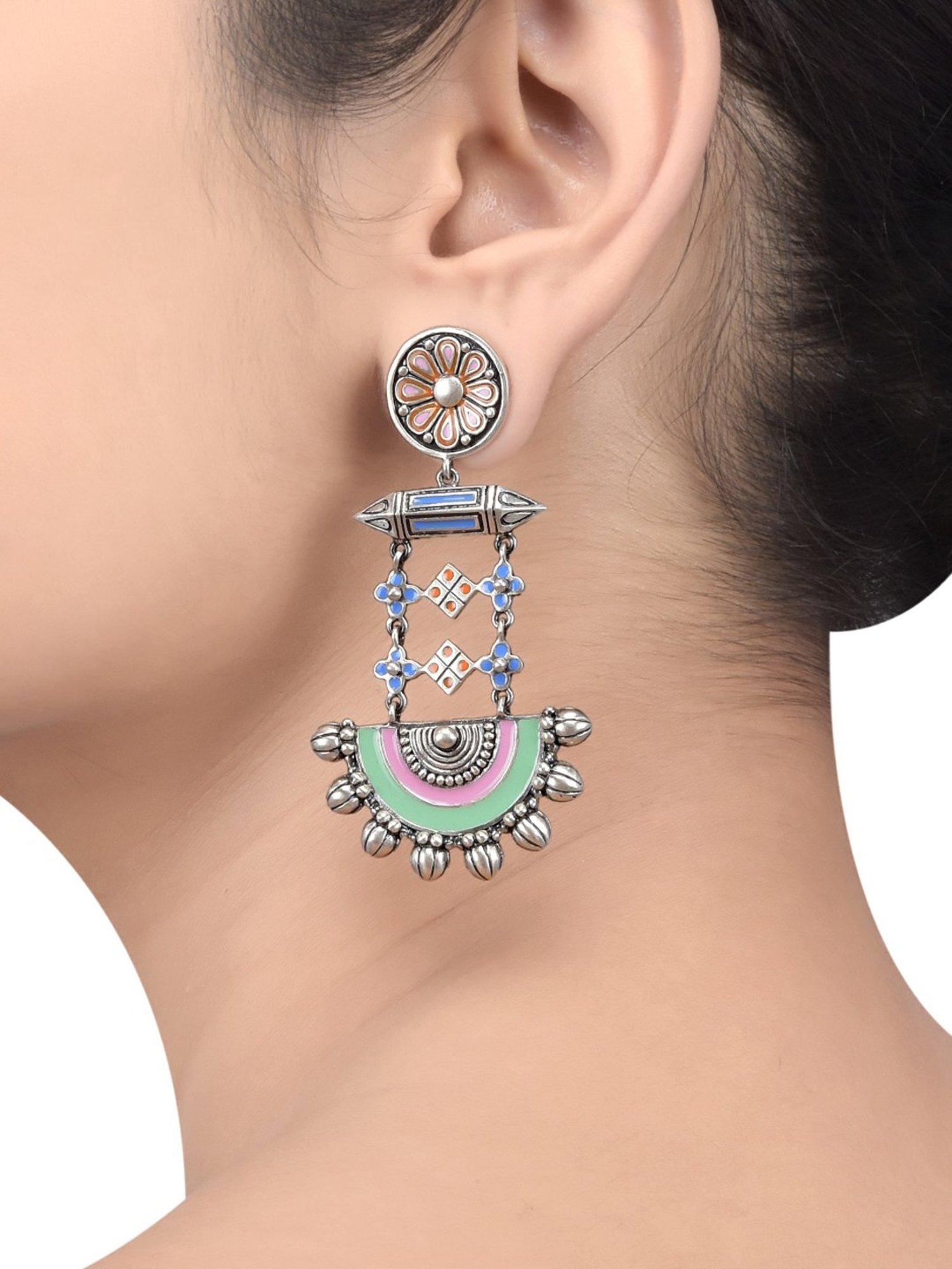 Tribe Amrapali Multi Enamel Chandrika Floral Taveez Half Moon Danglers