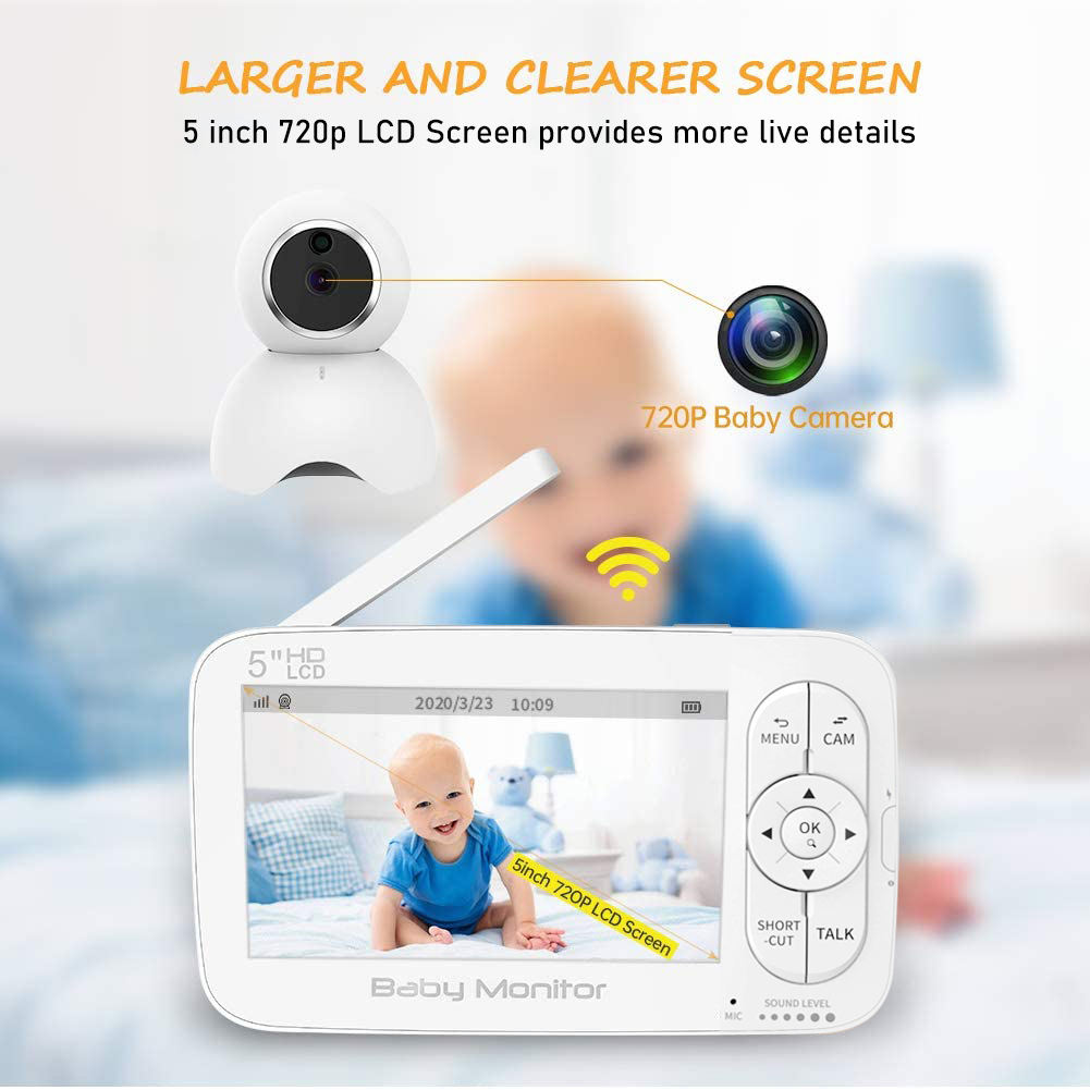 Baby Monitor, AUTENS 720P 5 Inch HD Display Video Baby Monitor with Camera and Two Way Audio, Auto Night Vision, Remote Pan/Tilt/Zoom, 5 Lullaby Music,Temperature & Sound Alarm, For Baby/Elder/Pet
